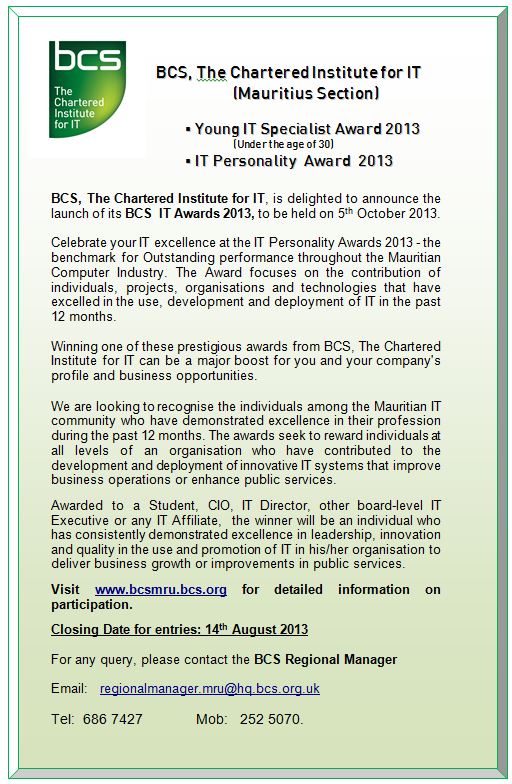 BCS Mauritius IT Awards 2013