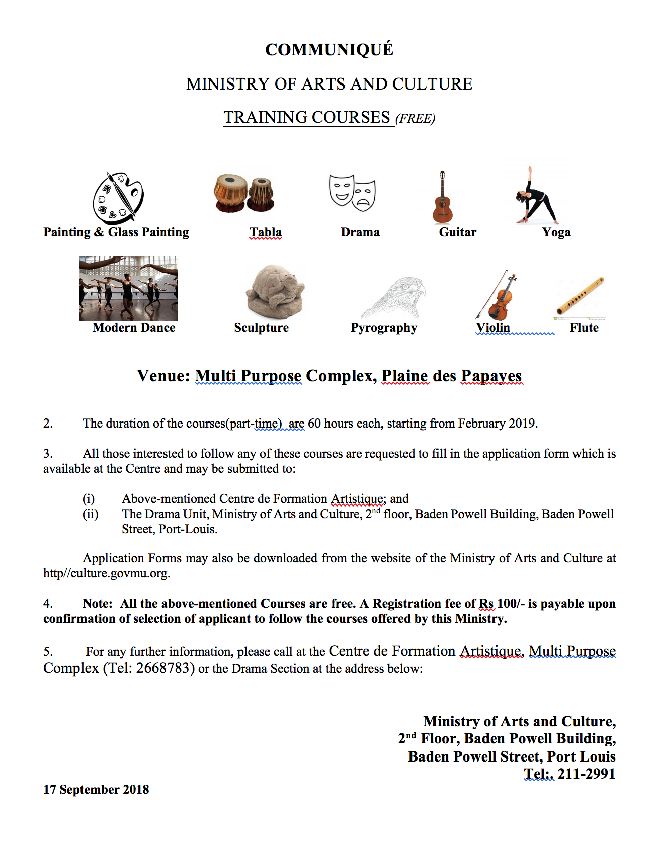 Free Training Courses Mauritius Dance Drama Painting
